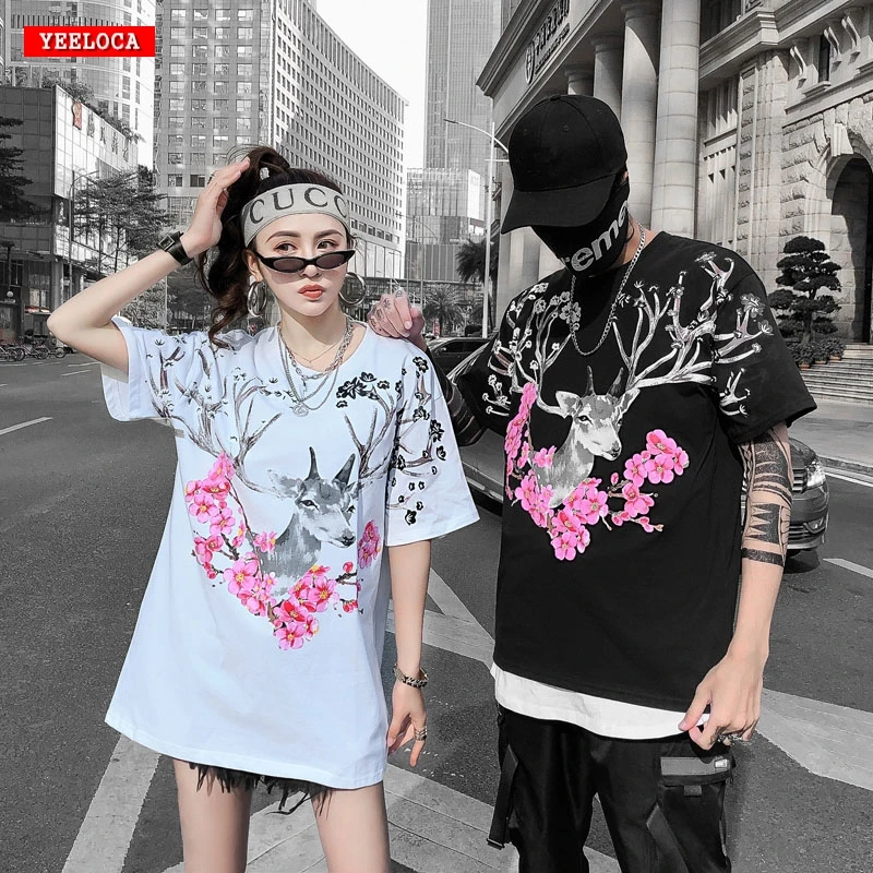 

Dropshipping 2019 High Quality Plum Print Sakura Short Sleeve Shirt Men's and Women's Deer Harajuku Cotton Summer T-Shirt