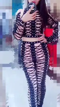 

Celebrity High Quality Black Nude Mantual Weaving 2 Pieces Bandage Set Night Club Party Set