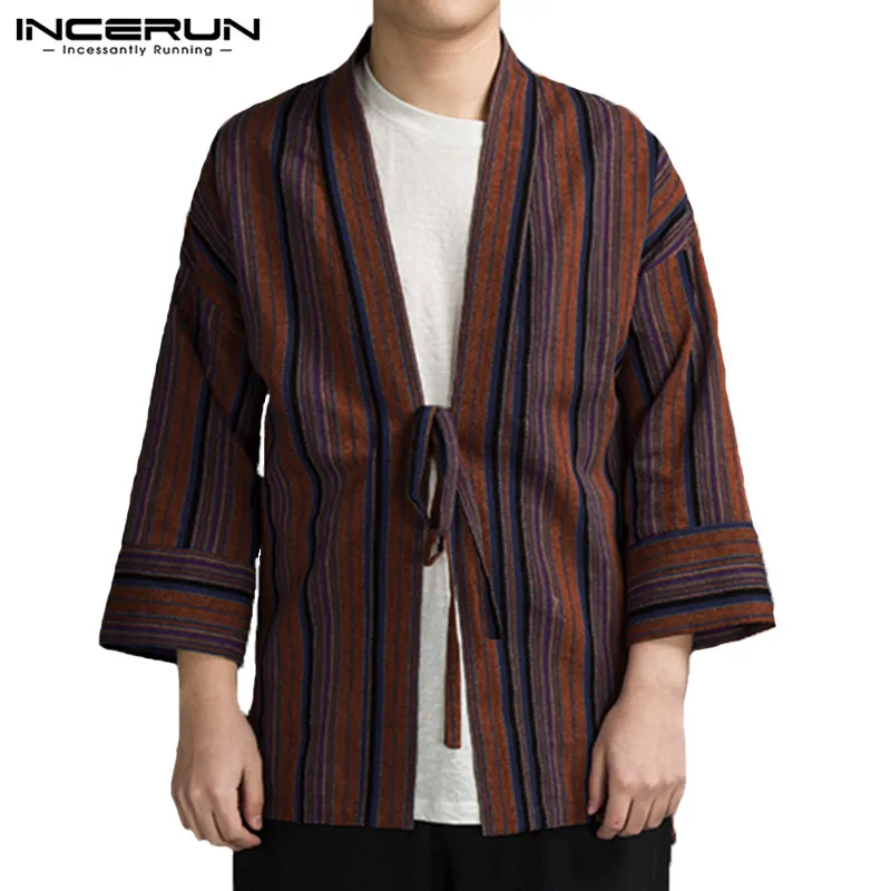 

INCERUN Men Trench Coat Striped Outerwear Chinese Style Casual Lace Up 3/4 Sleeve Vintage Men Jackets Cardigan Japan Kimono 2019