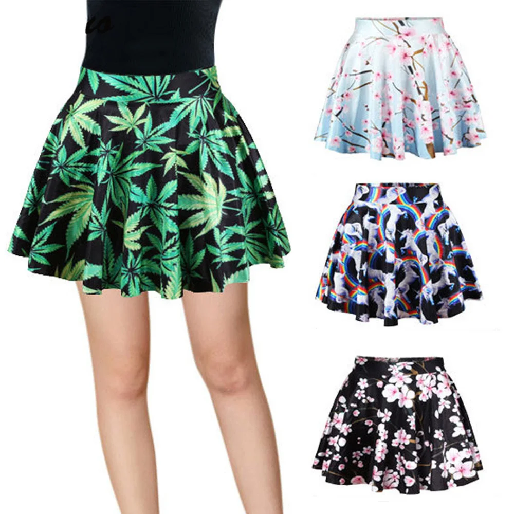 

Double Printing Fresh Green Leaves Flower Unicorn Cosmos Shorts Empire Pleated Skirt