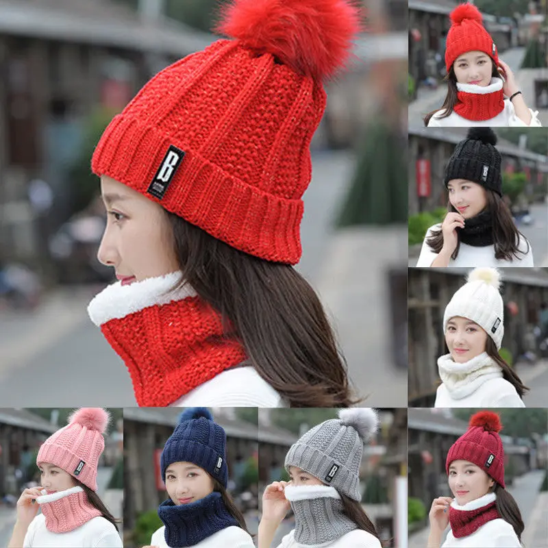 

New Fashion Winter Hat & Scarf For Women Girls Warm Beanies Ring Scarf Pompoms Winter Hats Knitted Caps And Scarf 2 Pieces/set