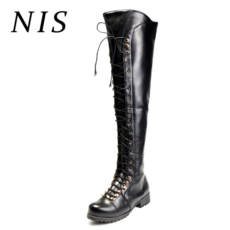 

NIS Women Knight Knee Over High Boots Women Motorcycle Boots Side Zipper Bondage Ladies Shoes Woman Chunky Block Heel Long Boot