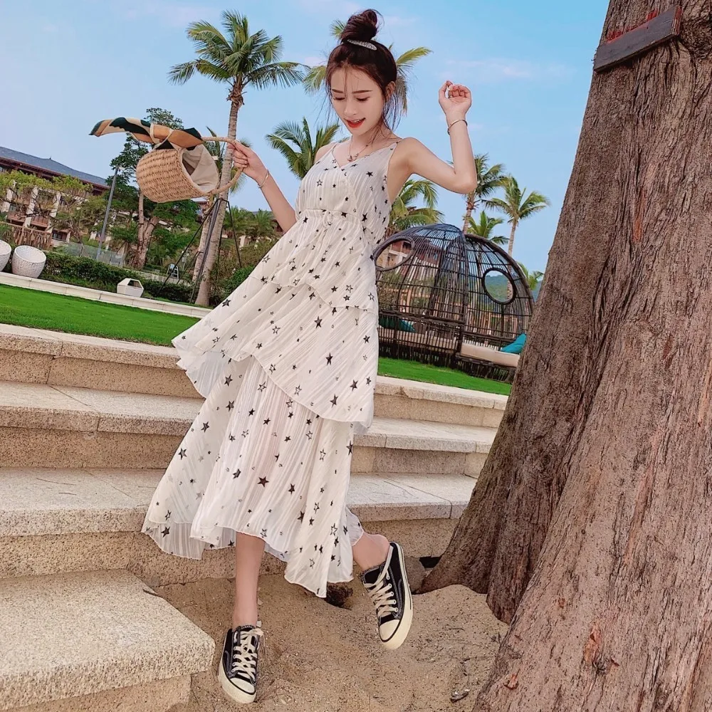 

2019 Summer Women Star Pattern Print Beach Dress Vestidos Verano Ladies Sexy Tiered Vacation Party Cake Long Dresses Female