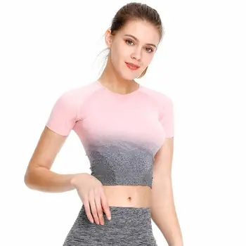 

Gradient Women Sports Set Crop Slim Tops Pants Ladies Fitness Round Neck High Waist Fitness Trousers Stretch Slim Leggings