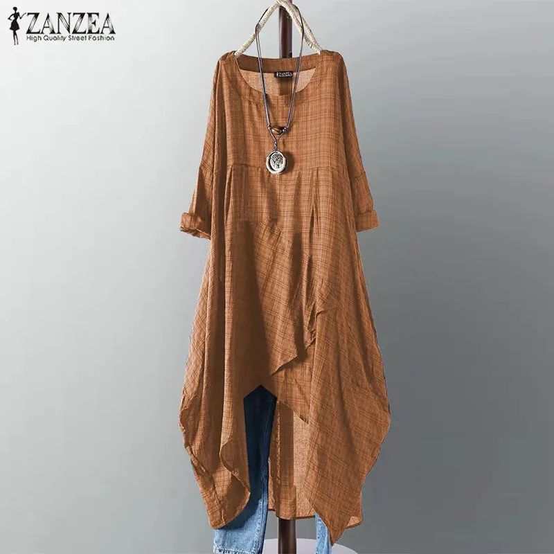 Размера плюс ZANZEA летнее платье женское повседневное с длинным рукавом винтажное клетчатое асимметричное длинное платье Vestiso Сарафан женский