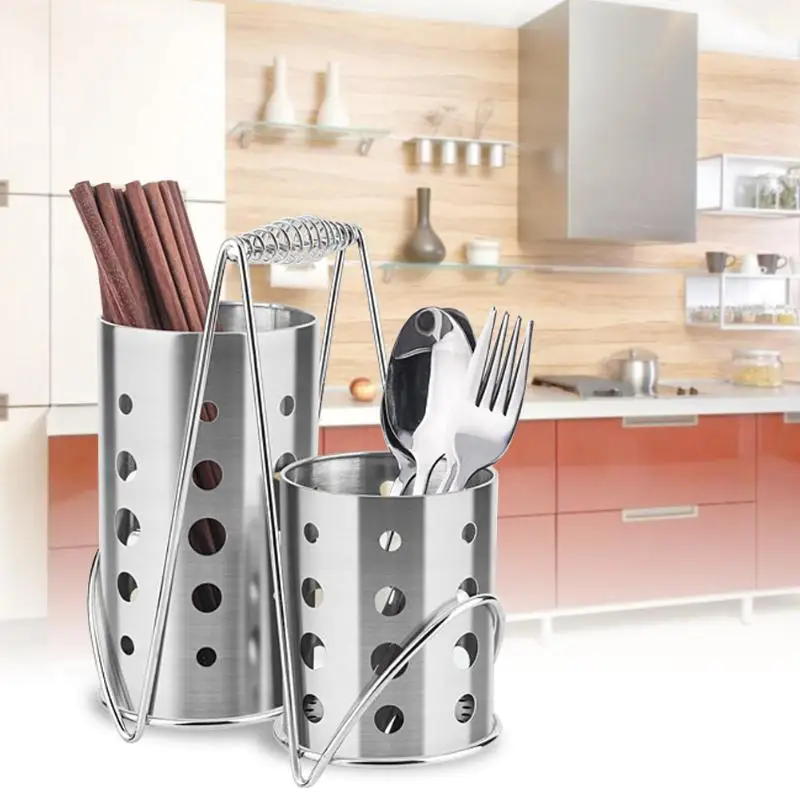 1set Stainless Steel Knife Fork Cage Tube Storage Box Drain Rack Kitchen Utensils Organizer