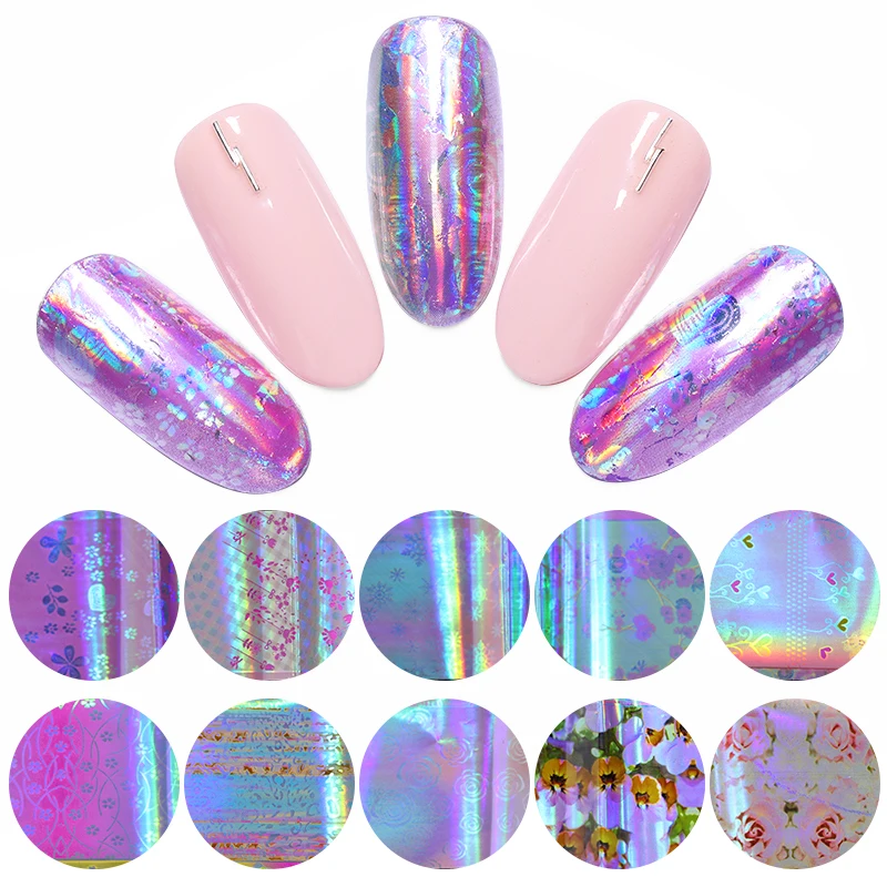 

16Pcs/Pack Holographic Nail Foils Mixed Flower Patterns Transfer Sticker Romantic Sweet Series Decal Nail Art Decoration