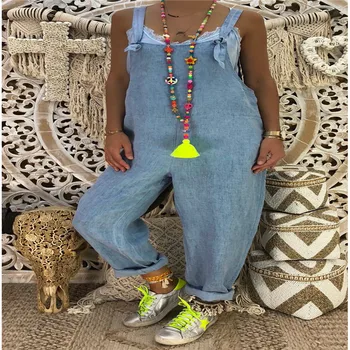 

New Trendy Women clothes sleeveless Casual Loose Cotton Jumpsuit square collar pocket Strap Overalls one pieces