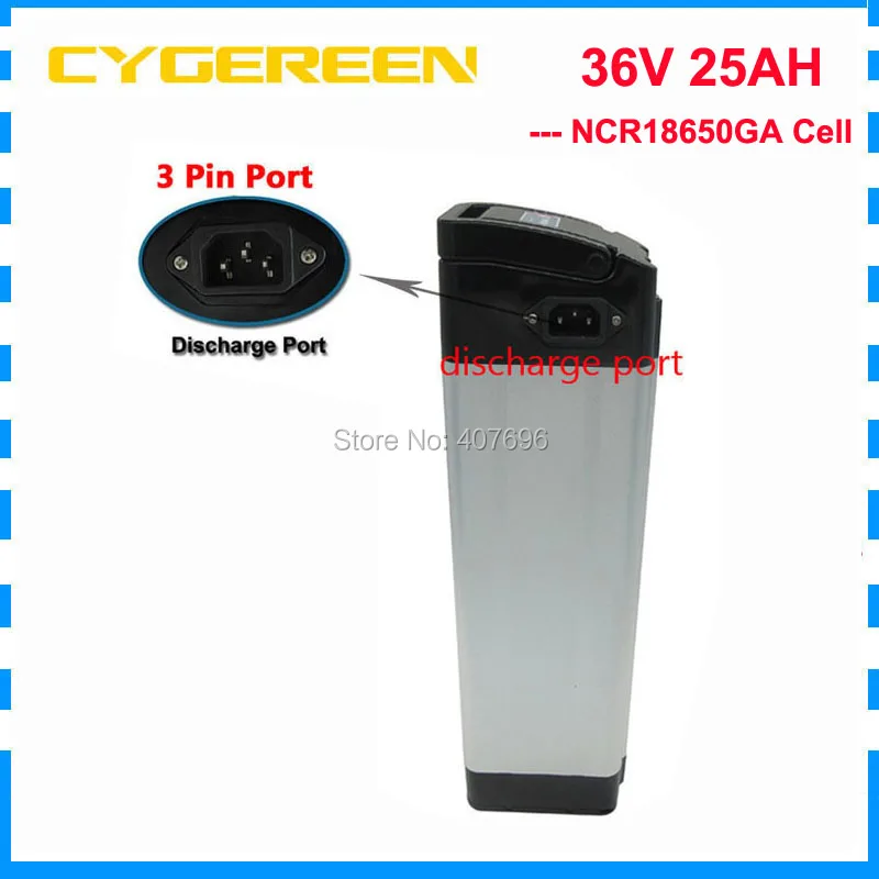 

Free customs duty 1000W Ebike battery 36V 25AH silver fish Battery 36V li-ion battery use NCR18650GA cell with 30A BMS 2A Charge