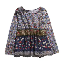 Новинка-женская модная Осенняя блузка с цветочным принтом Boho с круглым вырезом и длинными рукавами, Повседневная Свободная блуза пэчворк