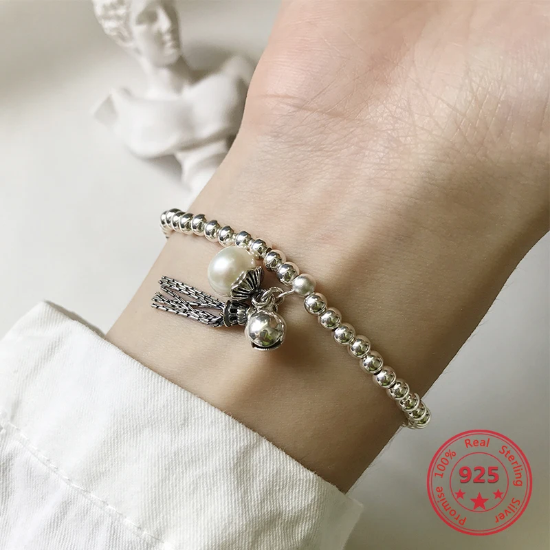 

925 Sterling Silver Simple European American Retro Vintage Pearl Tassel Charms Bracelets Women Jewelry