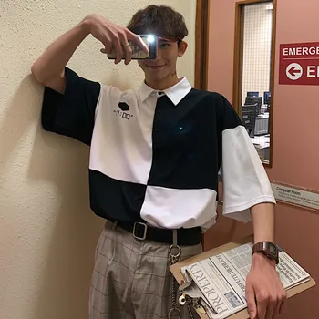 

2019 Spring Summer Korean Men Casual Loose Letter Printing Hit Color Spliced Tee Lapel Short Sleeve Cotton Tee Shirt Homme M-XL