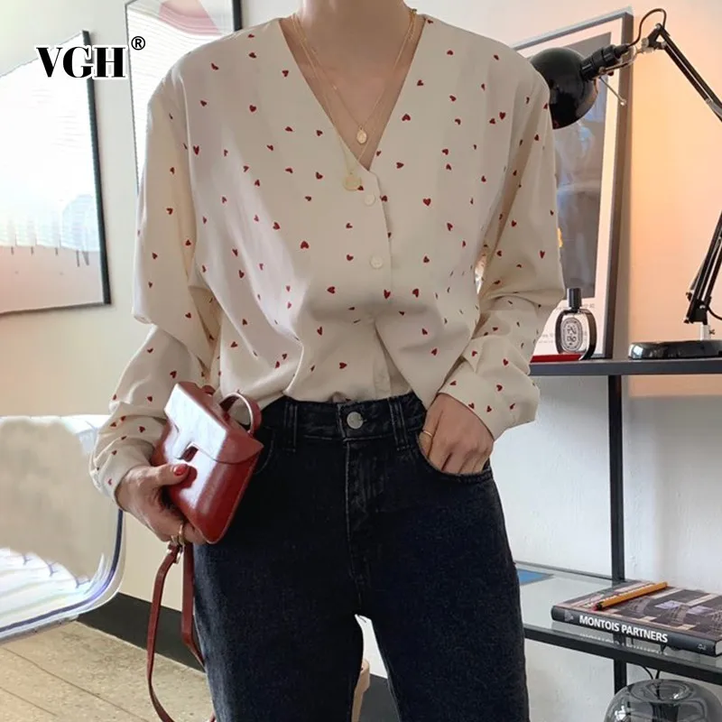 

VGH Heart Print V Neck Shirt For Women Long Sleeve Button Loose Summer Clothing Top Female Fashion New Tide Korean 2019