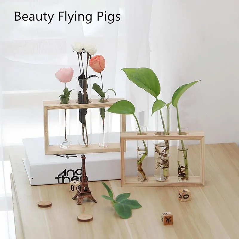 

Wall Hanging Crystal Glass Test Tube Vase In Wooden Stand For Flowers Plants Home Garden Cafe Bar Desktop Decoration Flower Pot