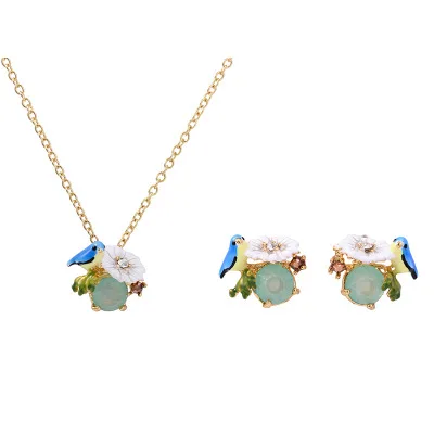 

free shipping Enamel Daisy blue jays stud earrings necklace jewelry set