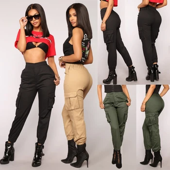 

Women Casual Solid Military Army Combat Cargo Elastic Big Pockets Long Pants High Waist Plus