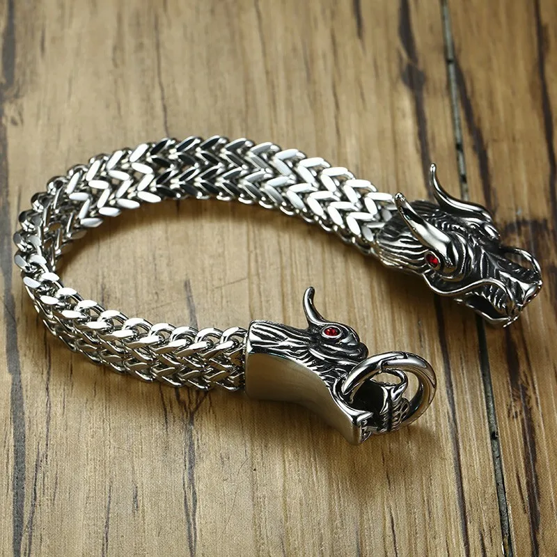 Металлический мужской серебряный браслет Naga с головой дракона на двойной цепочке Лисохвост для мужчин ювелирные изделия из нержавеющей стали 8,6 дюйма