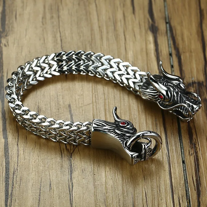 Металлический мужской браслет с головой дракона Naga на двойной цепочке Foxtail для