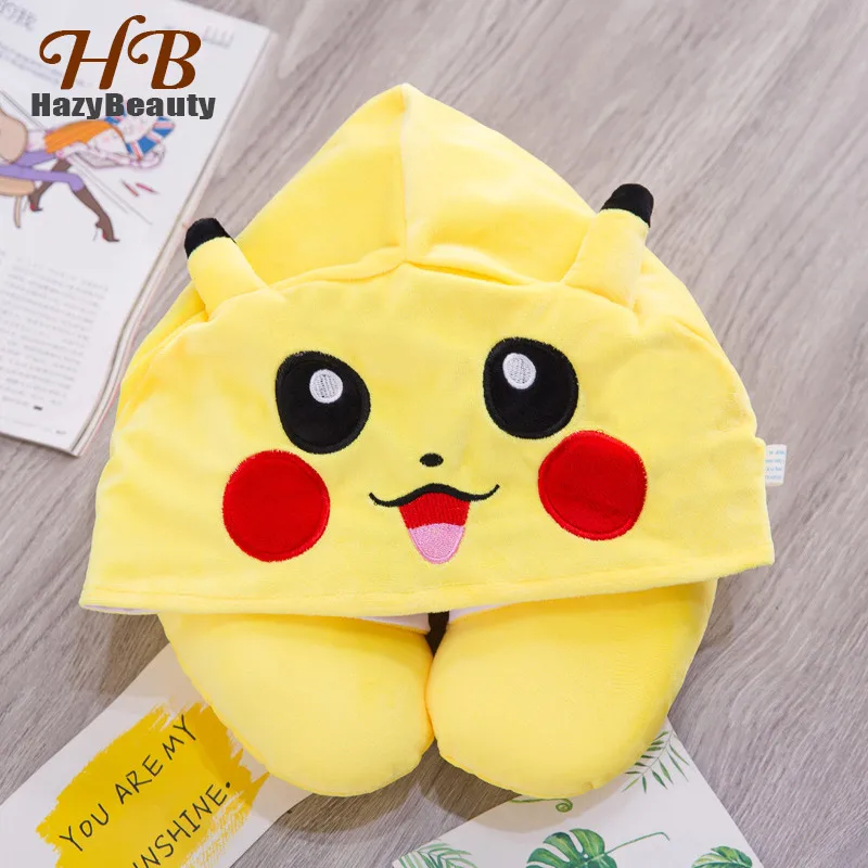 

Cute Cartoon Pikachu Animal Cotton Plush U Shape Neck Travel Hoodie Pillow Office Neck Hooded Cushion for Flight Plane Travel