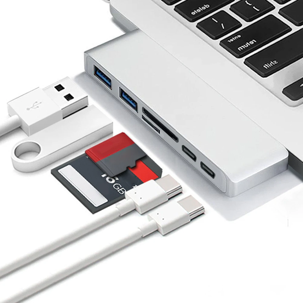 

6 in 1 Dual Plug Adapter Charging and Reader USB C Splitter 3.0 Type-C For Apple Macbook Pro Mac PC Laptop Mobile Phone Adapters