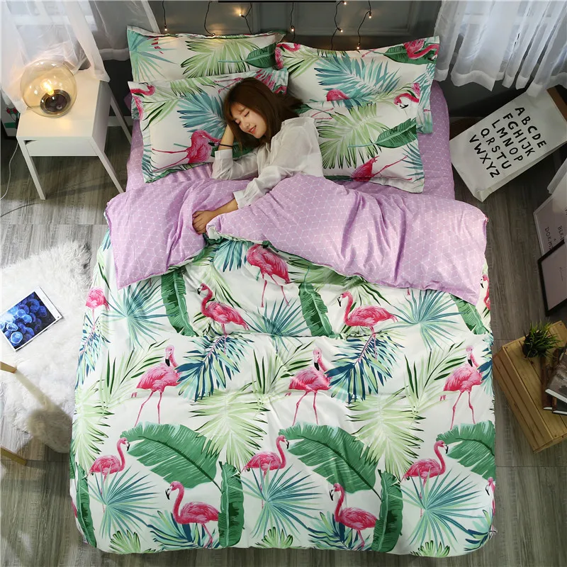 

Flamingo Bedding Set Tropical Plant Quilt Cover Queen Full King Size Home Bed Set Flower Print Pink And Green Bedclothes 40
