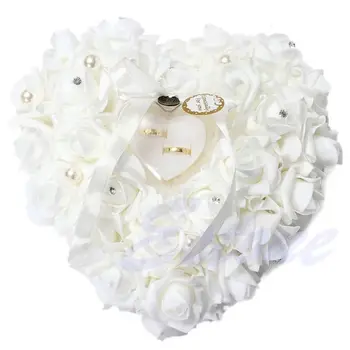 

Wedding Ring Pillow Ceremony Ivory Satin Crystal Flower Ring Bearer Pillow Cushion Heart-shape Flowers Ring Pillow Cushion