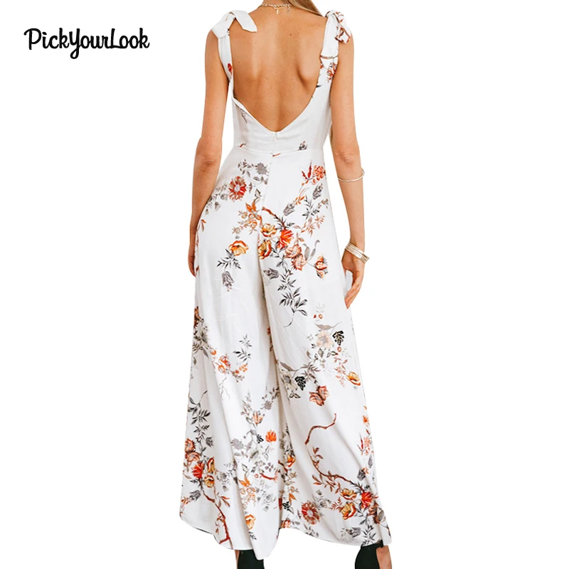 PickyourLook Wide Leg Jumpsuit Floral Rompers Womens Jumpsuit Print Backless Jumpsuits combinaison femme Sexy Bandage Jumpsuit