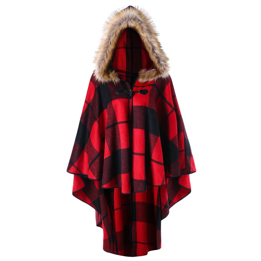 

Plus Size Plaid Trench Coat High Low Hooded Cloak Year Winter Coat Women Hooded Capes Coats Womens Outerwear 5XL