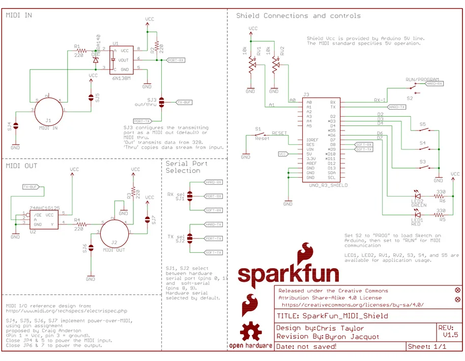 SparkFun миди-щит музыкальная коммутационная плата модуль инструмент цифровой интерфейс адаптер для Совместимый Arduino opensource github