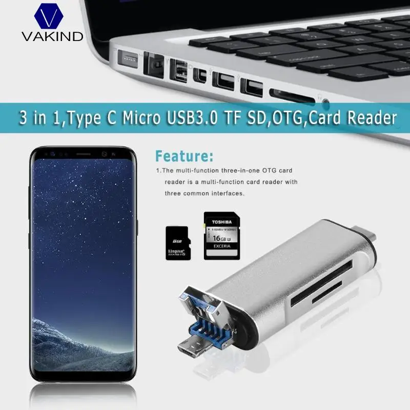 

VAKIND Mini 3 in 1 Aluminium Alloy Card Reader Portable USB Type C Micro USB 3.0 TF SD Card Reader Support Type C OTG