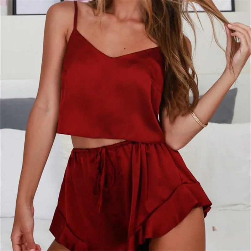 

2019 Sexy Pajama Set Lingerie Clothes Suit Women Silk Sling Top Shorts 2Pcs Babydoll Nightwear Red Sleepwear