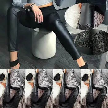 

Autumn Women's PU Leather Floral Pants Female Winter High Waisted Trousers Women PU Patchwork Skinny Stretch Pencil Pantalons