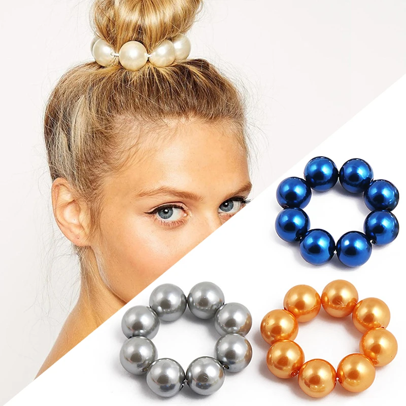 

LNRRABC new 1PC Pearl Beads Big Imitation Pearl Elastic Valentines Gift Adjustable Handmade Hair Rope 4Colors Elastic Hair Bands