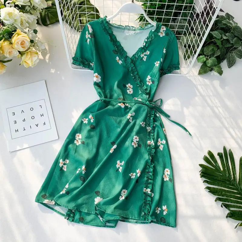 

2019 Summer Women Short Sleeves V-neck Wrap Dress Korean Fashion Holiday Dress Robe Femme