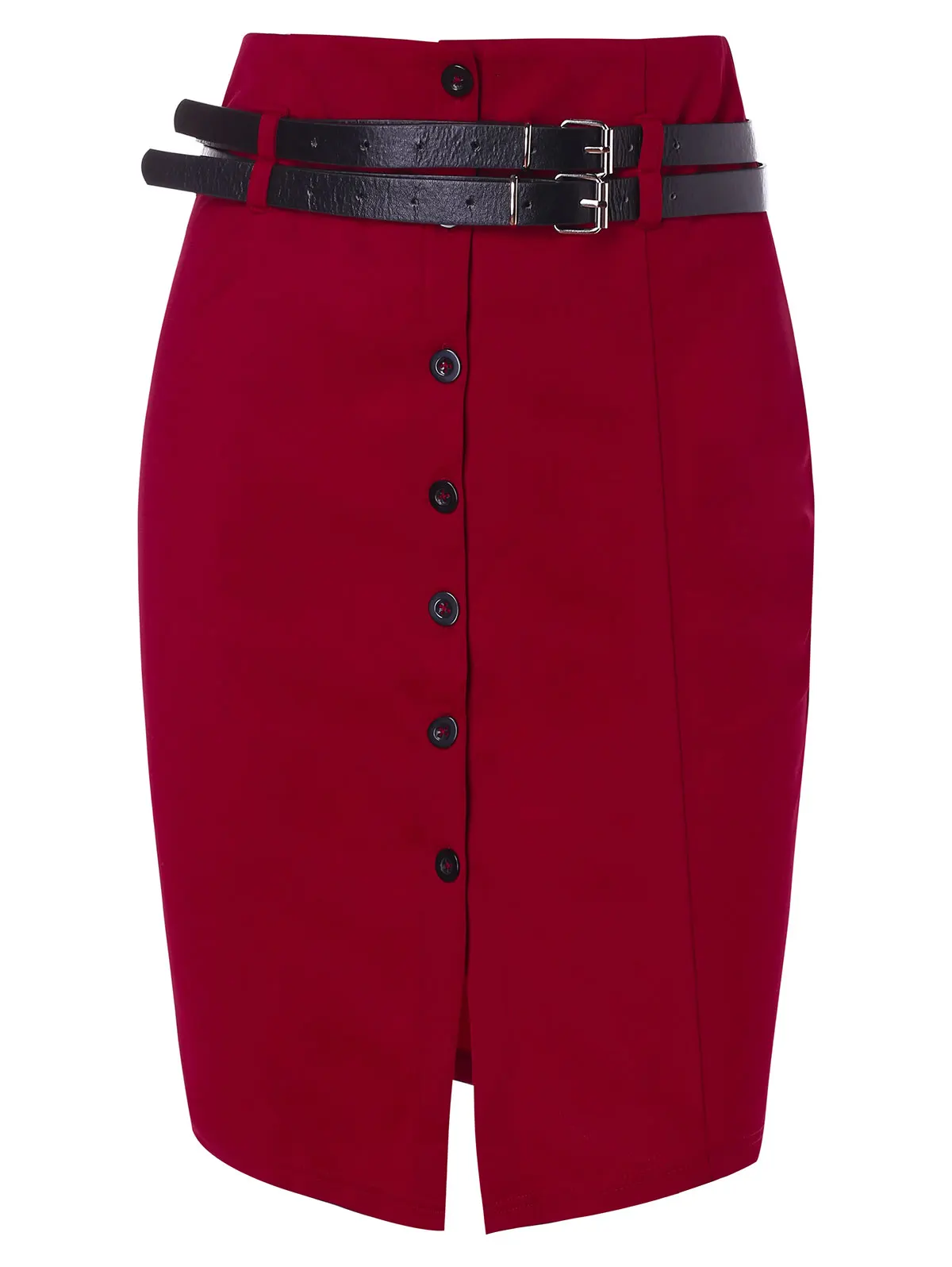 Wipalo Double Belts Slit Front Pencil Skirt Knee Length Button Solid
