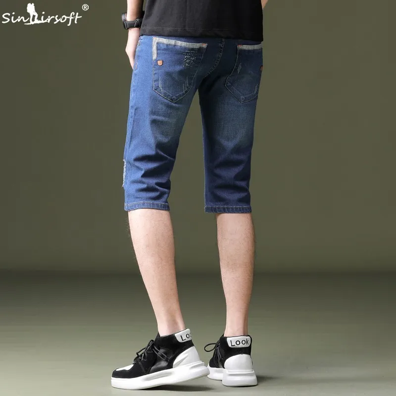 Summer Men's Denim Shorts Loose Stretch Five Pants Fashion Scratched Denim High Quality Cotton Slim Jeans 28-38 Hot Sale