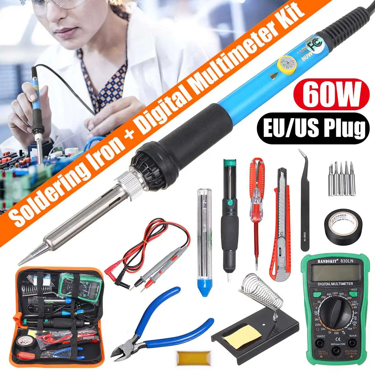 

Electric Soldering Iron Kit 110V 220V 60W Adjustable Temperature Soldering Iron Solder Multimeter Desoldeirng Pump Welding Tools