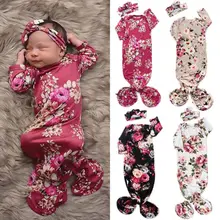 Спальный мешок с цветочным принтом для новорожденных девочек, пеленка для сна+ повязка на голову для детей 0-6 месяцев, спальные мешки для детей 0-6 месяцев