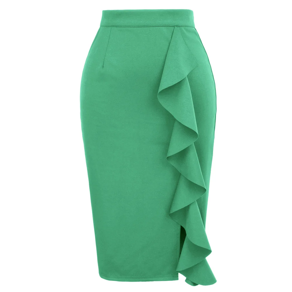 

business skirts ladies Sexy Women summer Big Ruffle Decorated Split Front Hips-Wrapped solid knee slim office Pencil Skirt falda