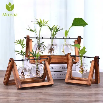 

Creative Wooden Stand Glass Terrarium Container Hydroponics Planter Flower Pot Tabletop Vase DIY Home Office Wedding Decor