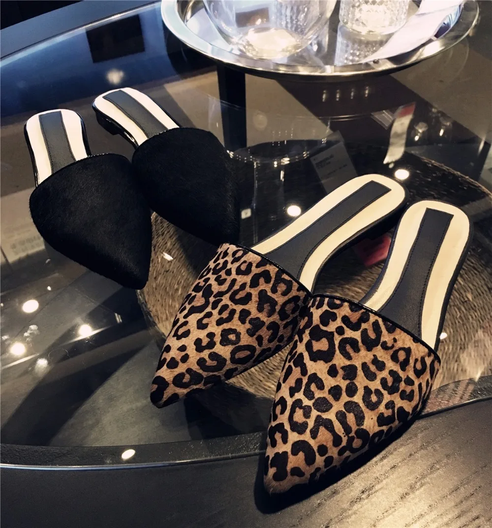 

2018 Hot Summer Spring Shoes Woman Flats Woman Outside Slippers Horsehair Leopard Pointed-toe Tide Slippers Woman Sexy Mules