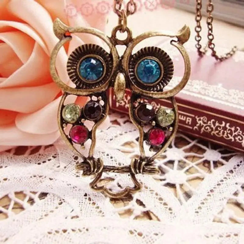 

Hot Fashion Jewelry Vintage Colors Hollow Cute Owl Pendant Necklace Retro Hollow Carved Sweater Chain For Women Long Necklace