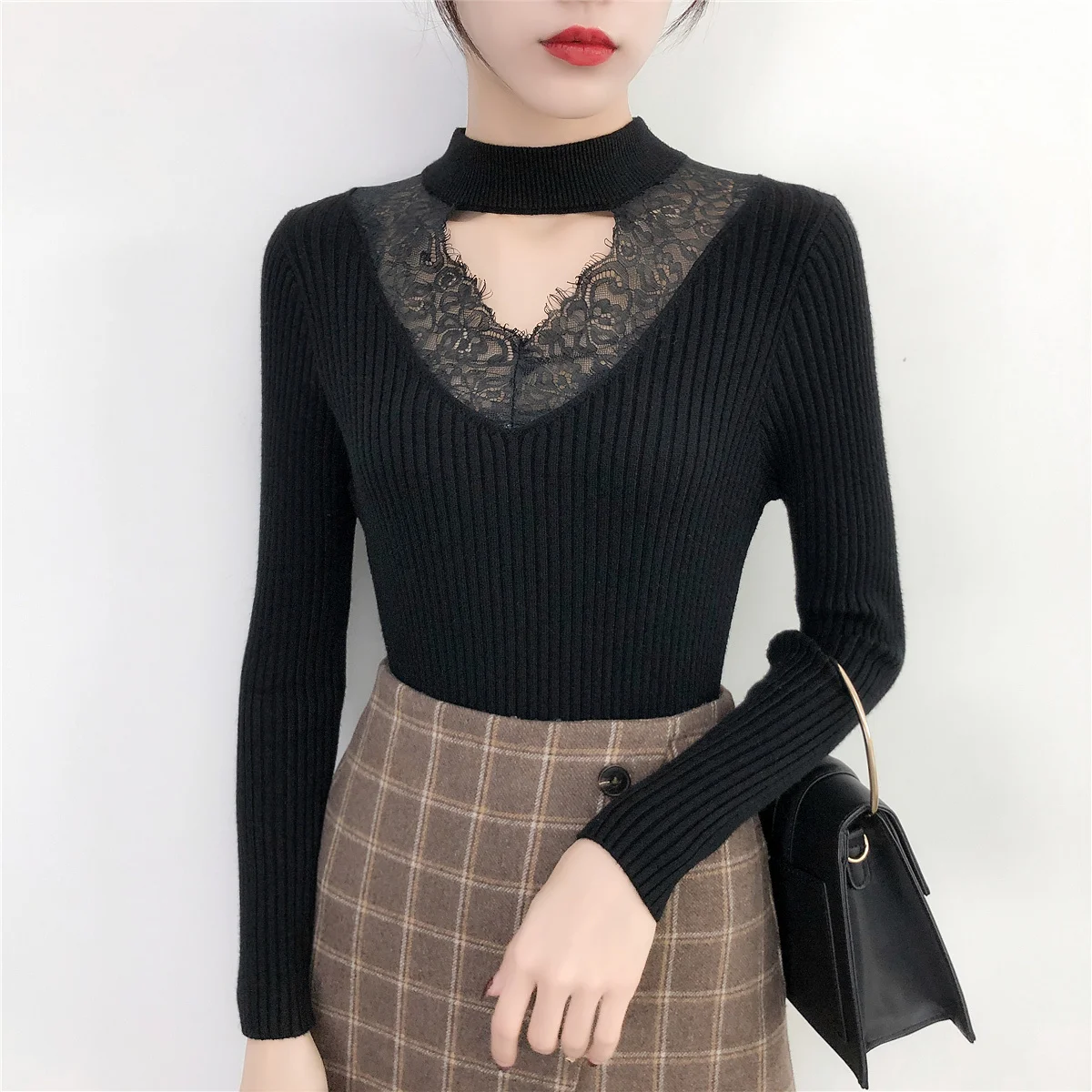 Korean Spring Autumn Sexy V-neck Knited Pullovers Sweaters Casual Lace Patchwork Long Sleeve Elasticity Slim-fit Tight Sweater 