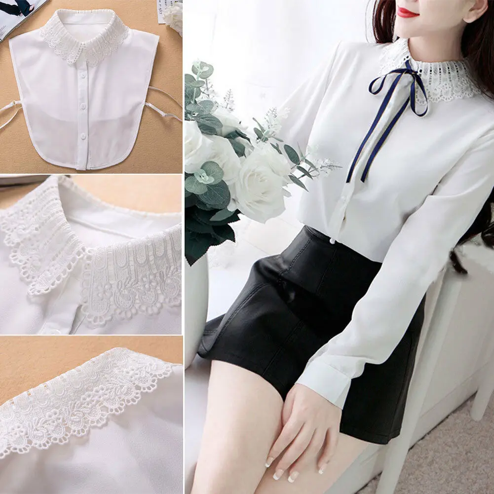 

White Lace Women Detachable Collar Ties Elegant Dickey Blouse Shirt Cotton Fake False Choker Collar