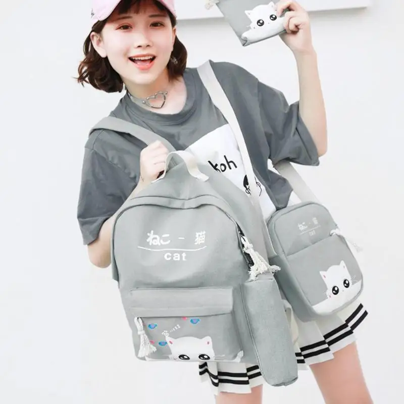 

4pcs/Set Cute Women Cat Print Canvas Backpack Teenage Girls School Backpacks Female Casual Rucksack femme sac a dos