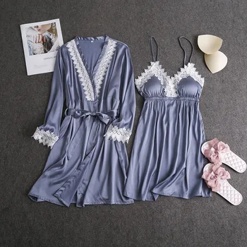 

Lisacmvpne Sexy Lace Women Robe Set With Belt Bathrobe Spaghetti Strap Chest Pad Nightdress+Robe Pyjama For Women