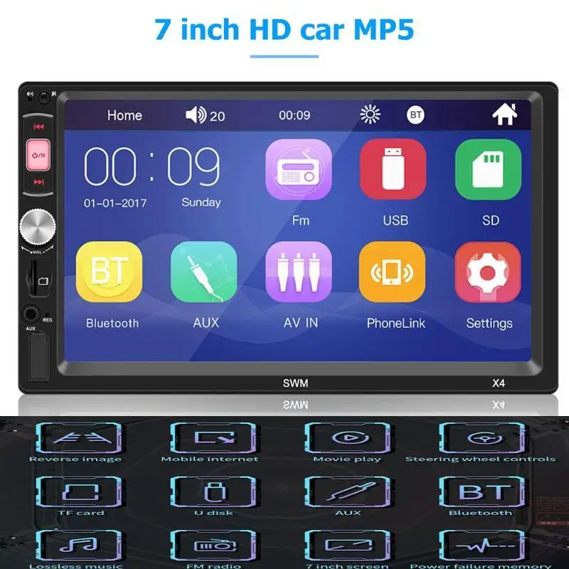 

7 Inch 2din Car Stereo Mp5 Player Fm Radio Bluetooth 4.0 Usb Aux Rear View Video Input Steering Wheel Car Multimedia Player