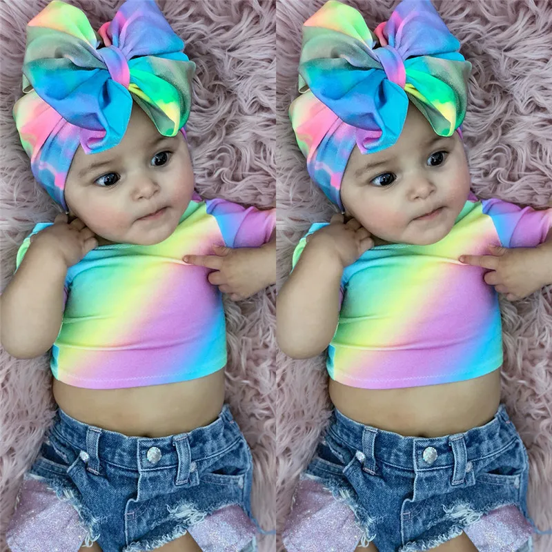 

Newborn Cute Toddler Kids Baby Girls Rainbow Tops Denim Shorts Bow Headband 3PCS Outfits Sunsuit