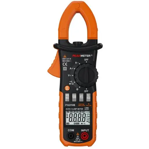 

PEAKMETER PM2108 6600 counts AC DC Mini Digital Clamp True RMS IN RUSH Current Resistance Capacitance Frequency Clamp Meter
