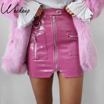 

Sexy Sexy High Waist Pu Leather Skirt Women Slim Zipper Pocket Skirts Womens Spring Autumn Elegant Mini Streetwear Skirts
